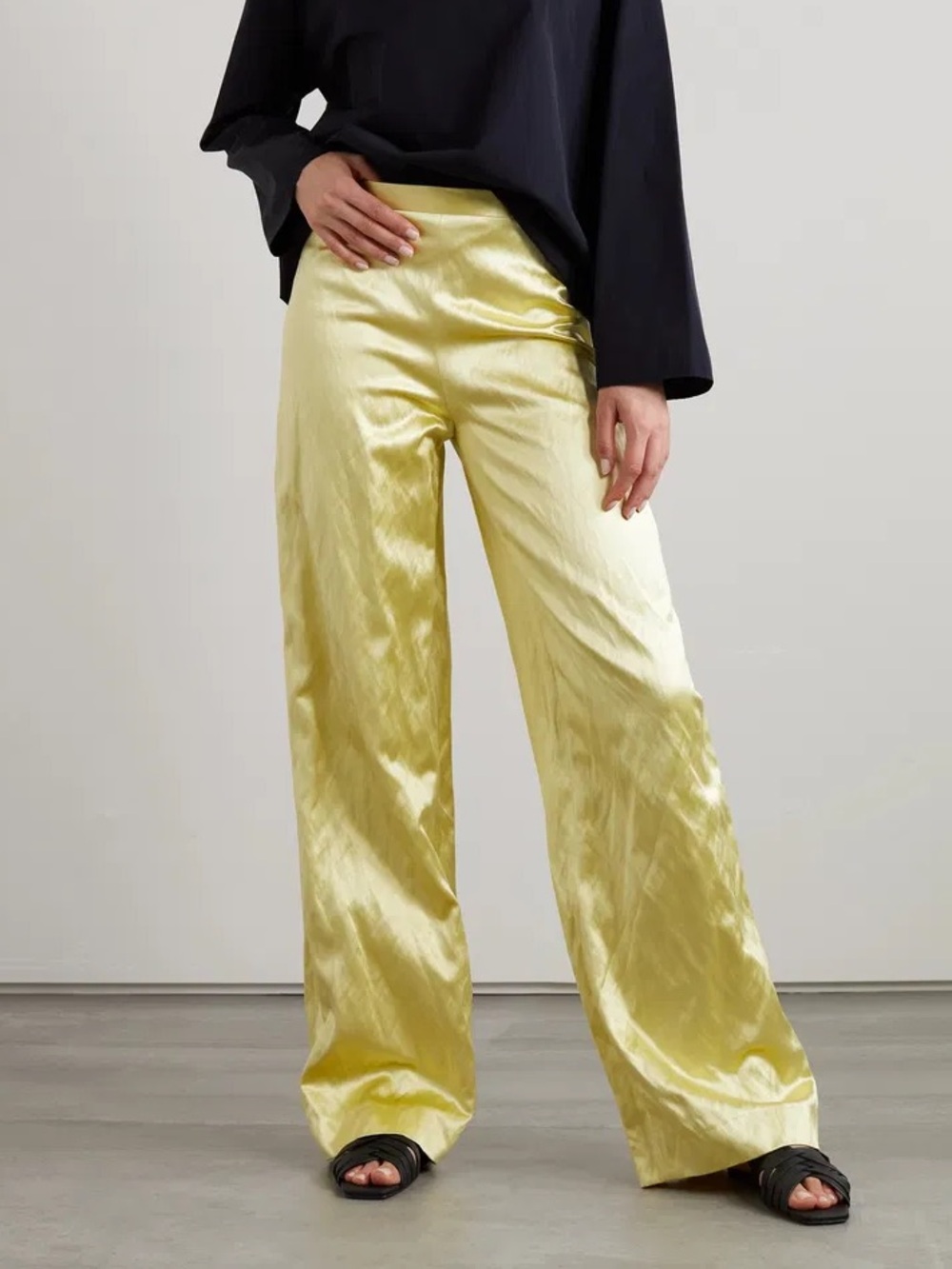 The Row Rogina Metallic Crinkled Cotton and Silk-Blend Satin Wide-Leg Pants